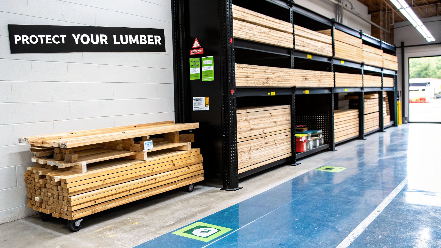 A warehouse interior showing stacks of lumber on black shelves and a rolling cart.