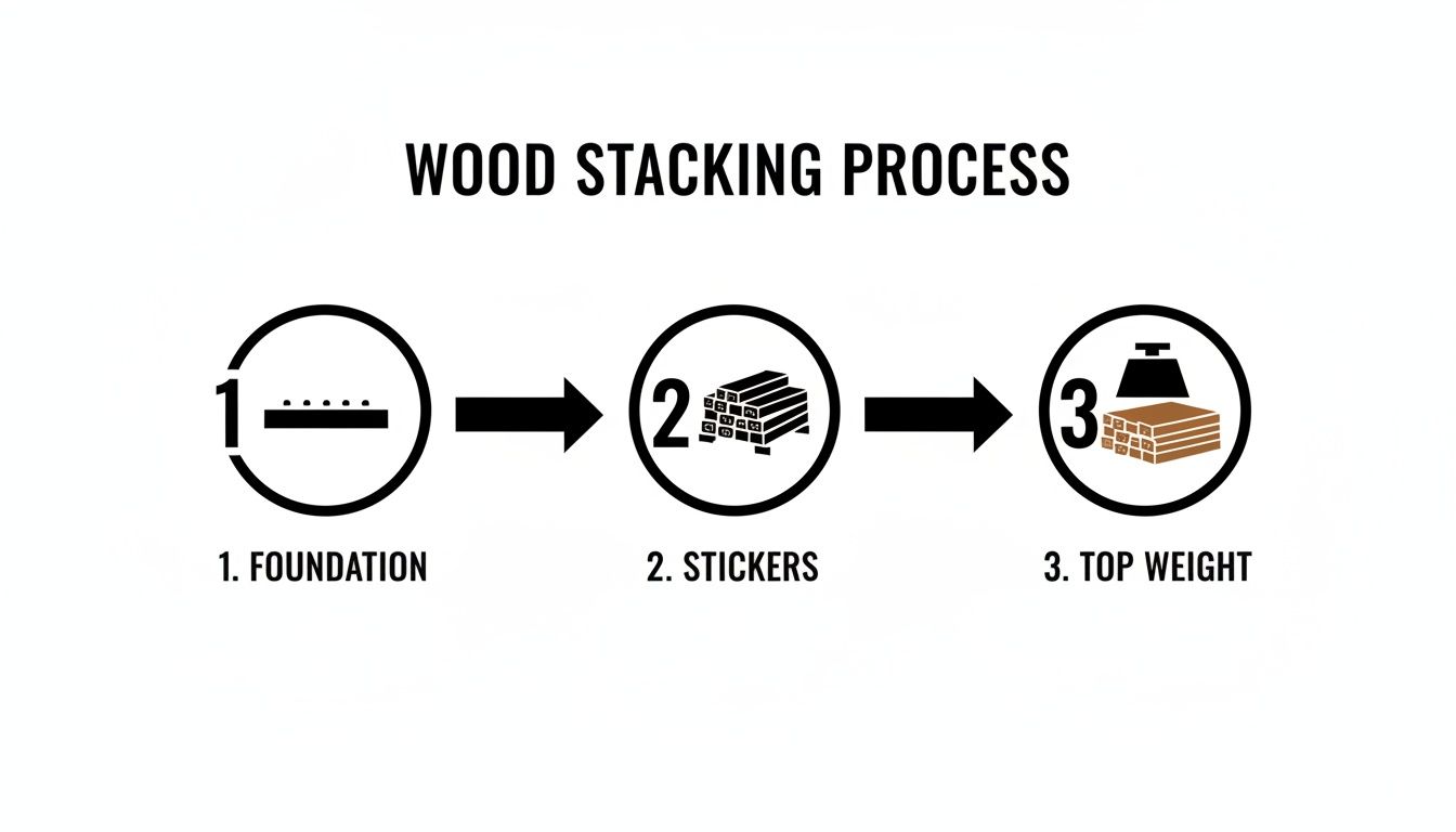 An infographic showing three steps for wood stacking: foundation, stickers between layers, and top weight.
