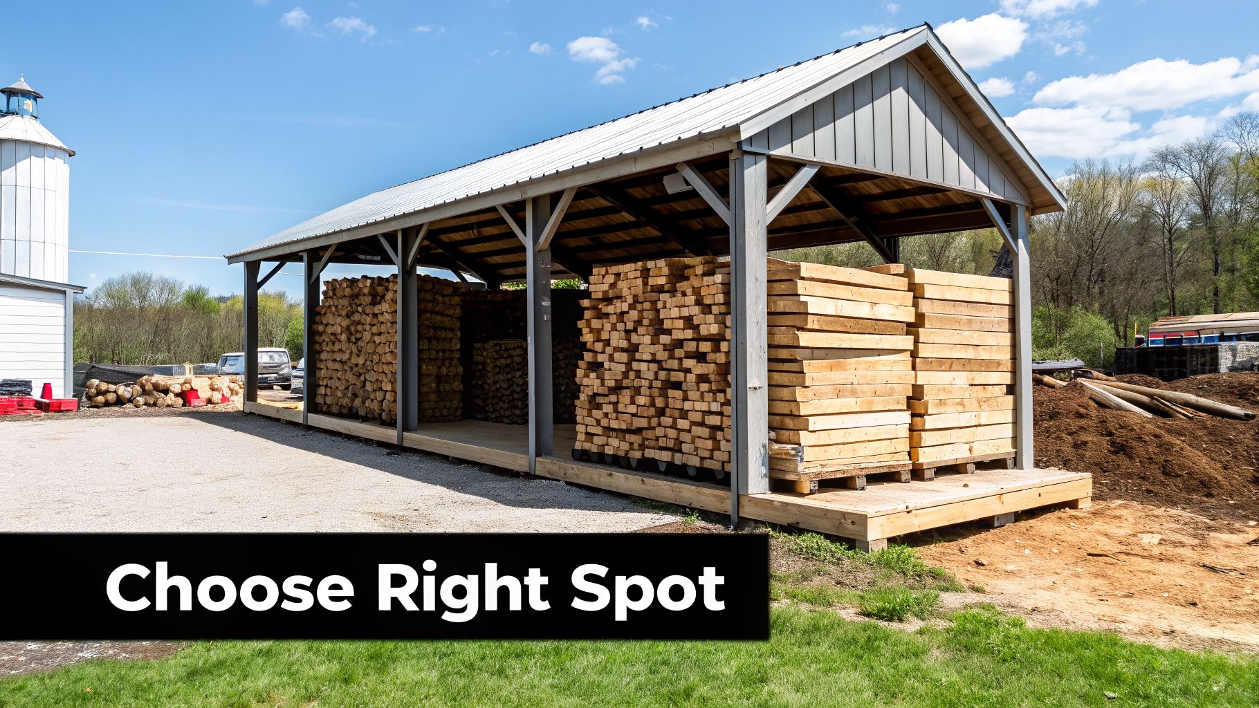 A large open-sided shed stores neatly stacked lumber and logs outdoors under a blue sky.