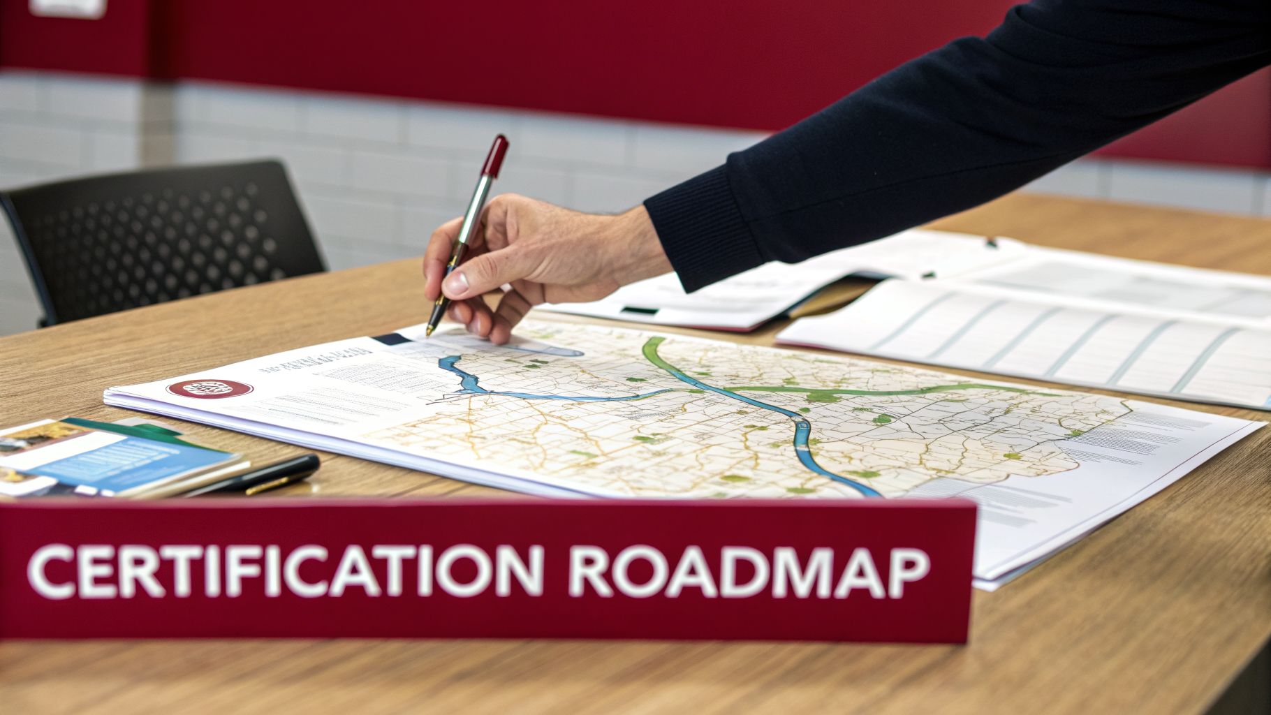 A person's hand holding a pen, pointing at a map on a table next to a 'CERTIFICATION ROADMAP' sign.