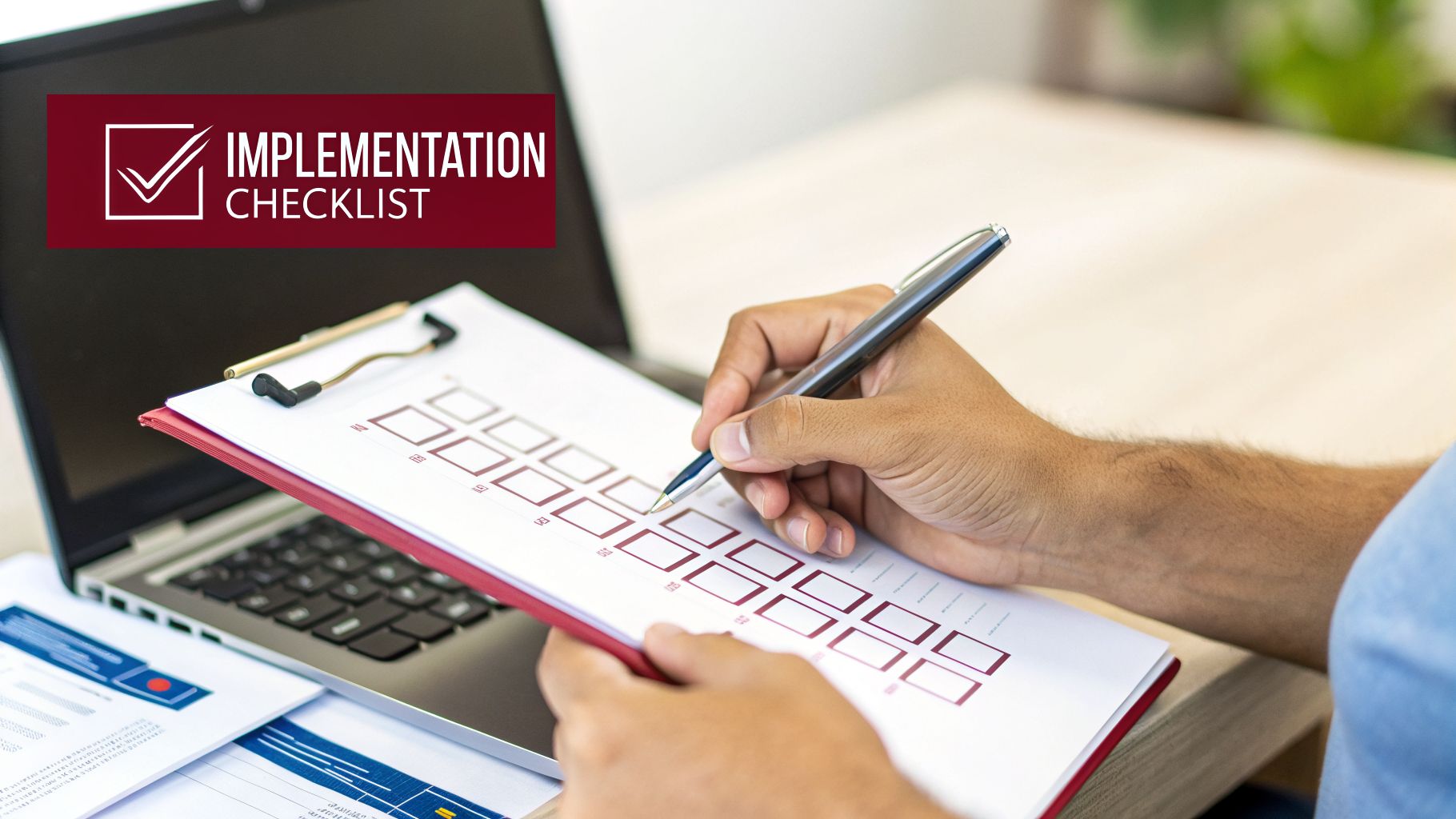A person's hands fill out an implementation checklist on a clipboard with a pen, near a laptop.