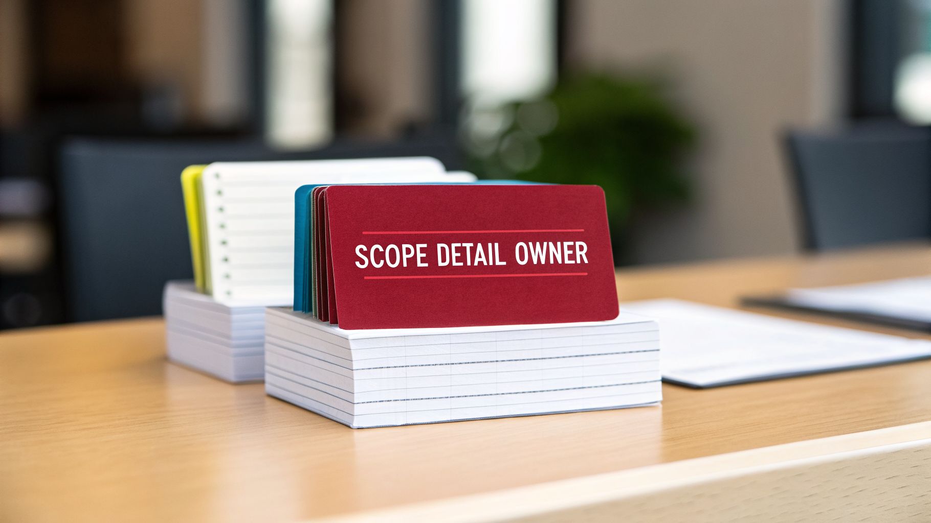 A red flashcard labeled 'SCOPE DETAIL OWNER' on a stack of index cards on a wooden table.