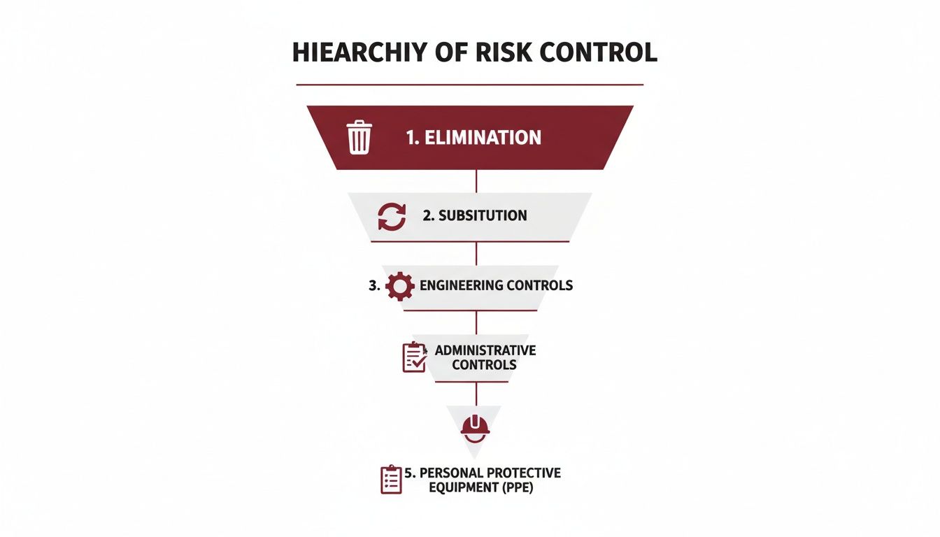 A funnel diagram illustrates the hierarchy of risk control, detailing five steps for managing hazards effectively.