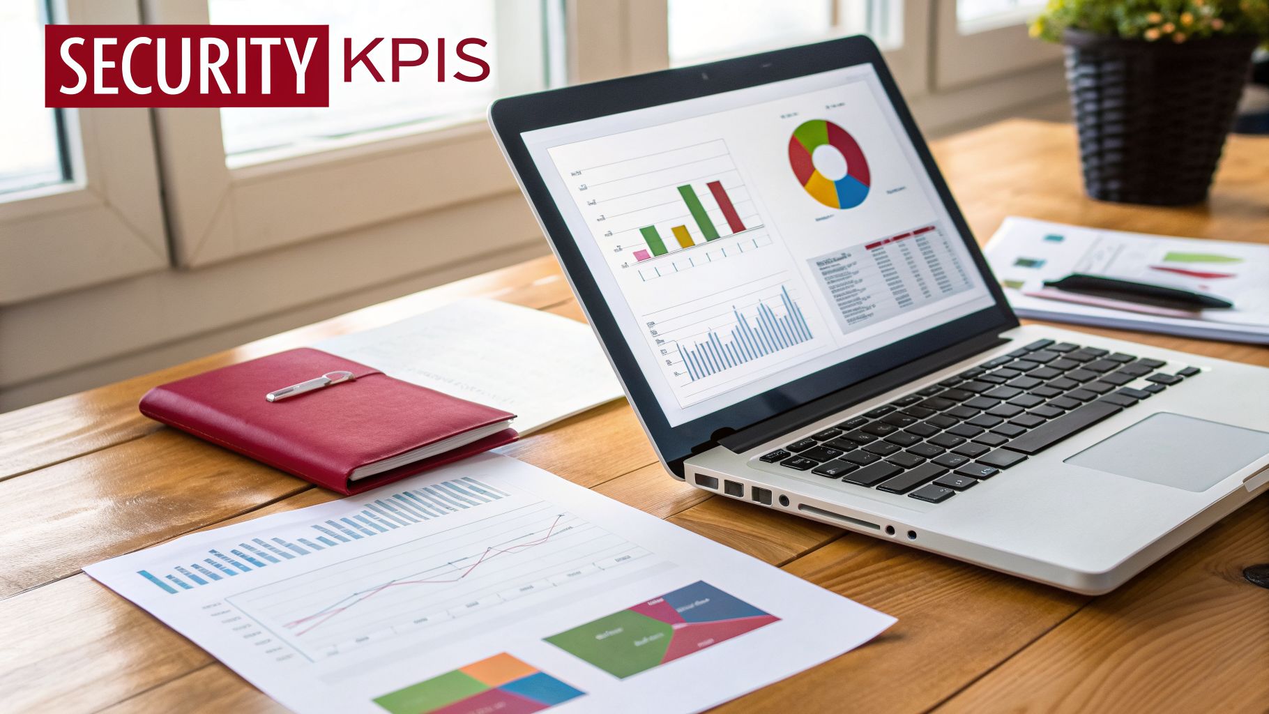 A laptop shows security KPI charts and data, with documents and a red notebook on a wooden desk.