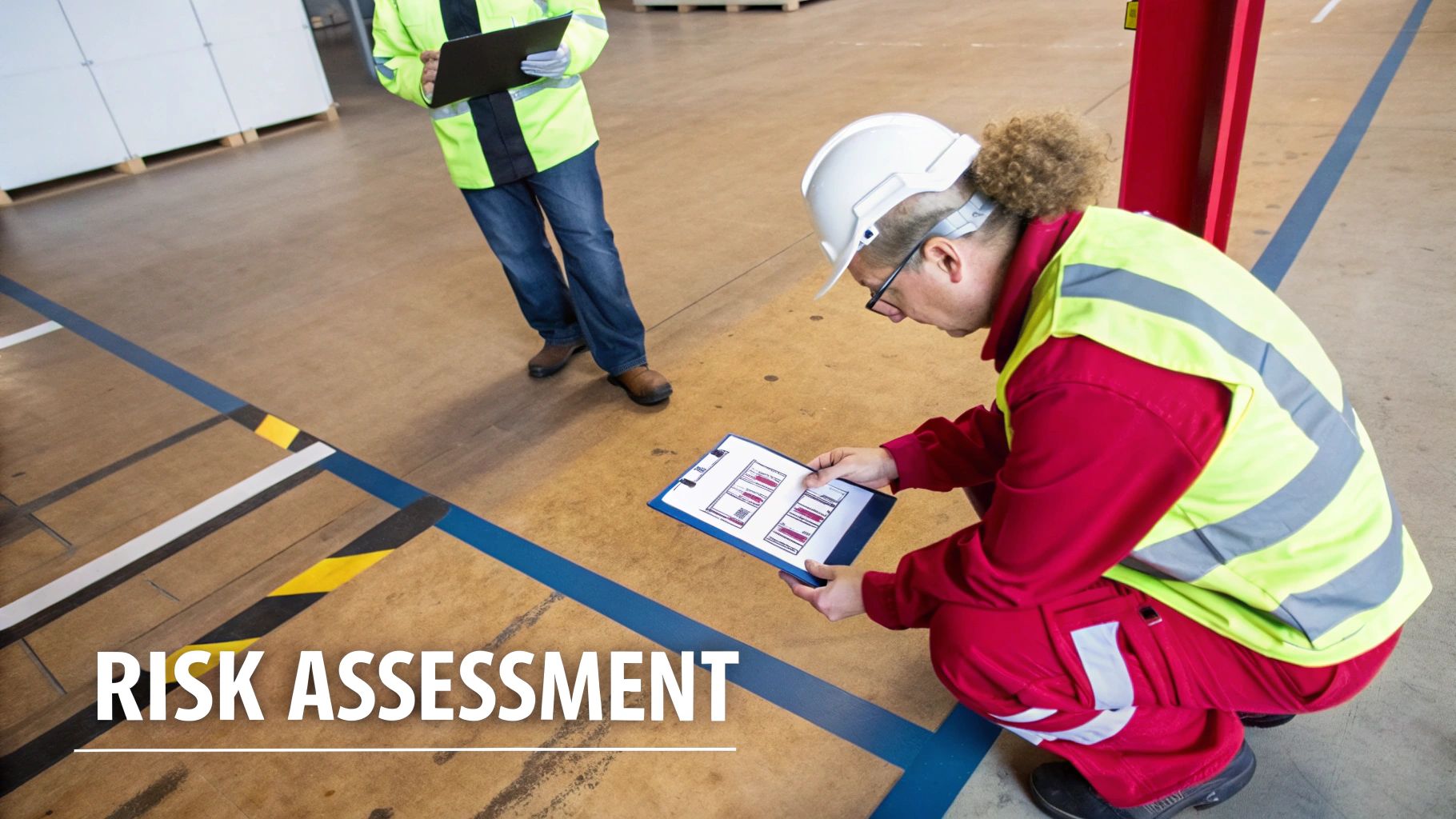 Two workers in safety gear conducting a risk assessment on the factory floor, one crouching and one standing.