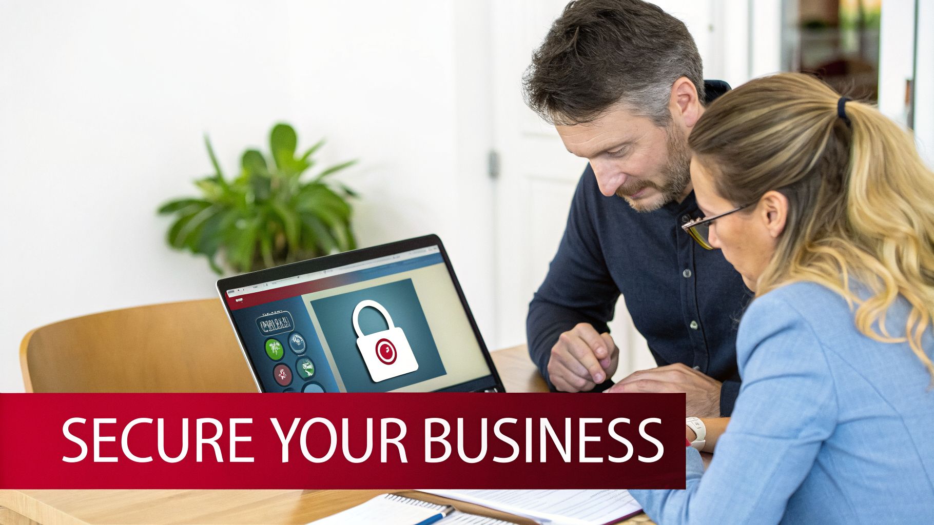 Two business professionals secure their company, looking at a laptop displaying a lock icon.