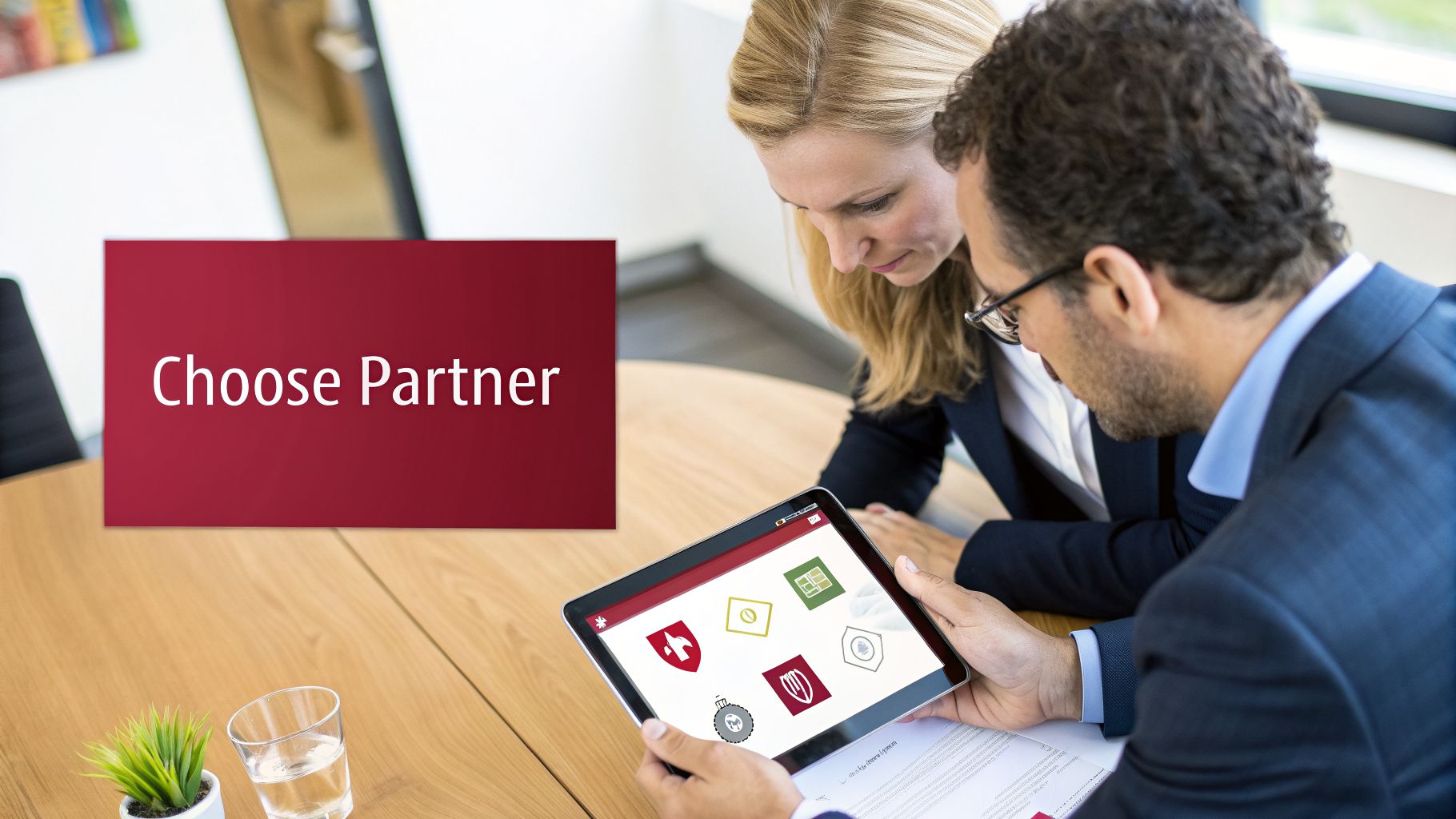 Two business people reviewing options on a tablet, with an overlay text 'Choose Partner'.