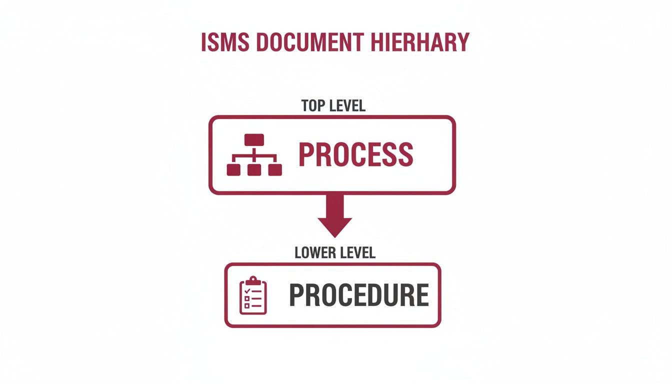 An ISMS document hierarchy diagram illustrates 'Process' as the top level, flowing down to 'Procedure' as the lower level.