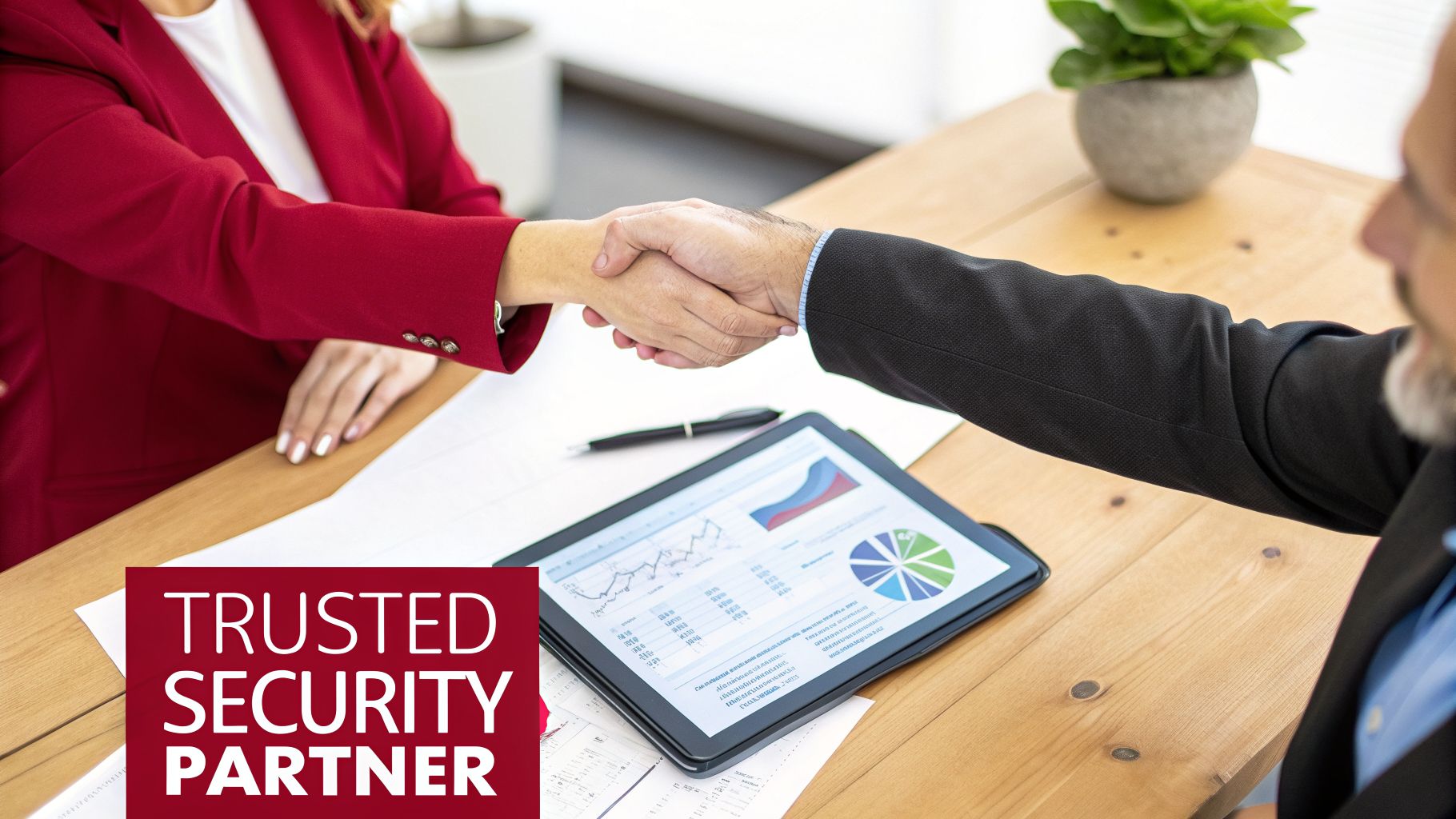 Two business partners shaking hands over a tablet with data, signifying a trusted security partnership.