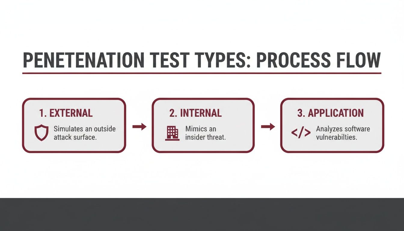 A process flow diagram showing three penetration test types: external, internal, and application with descriptions.