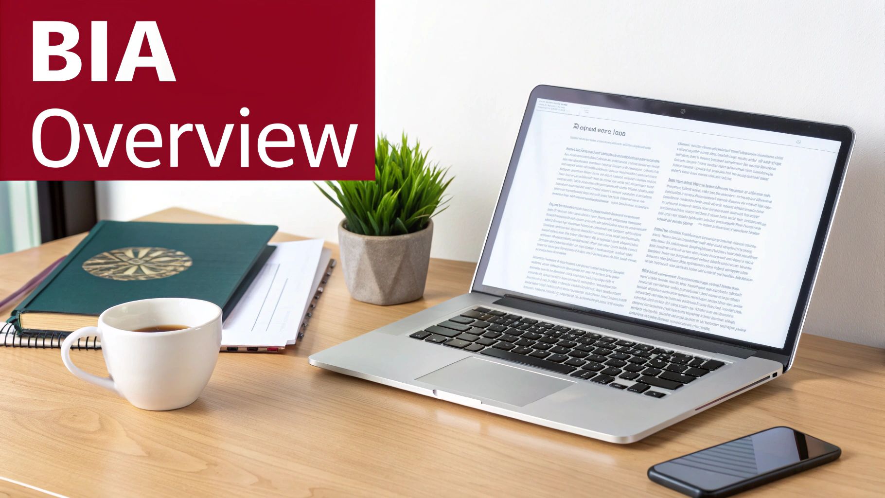 A BIA Overview banner above a desk with a laptop displaying text, coffee cup, and book.