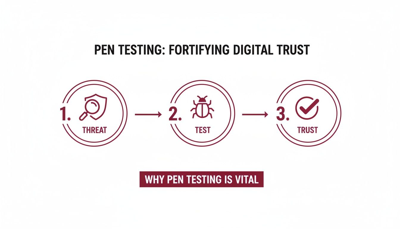 A diagram illustrates the penetration testing process: identifying threats, testing systems, and building digital trust.