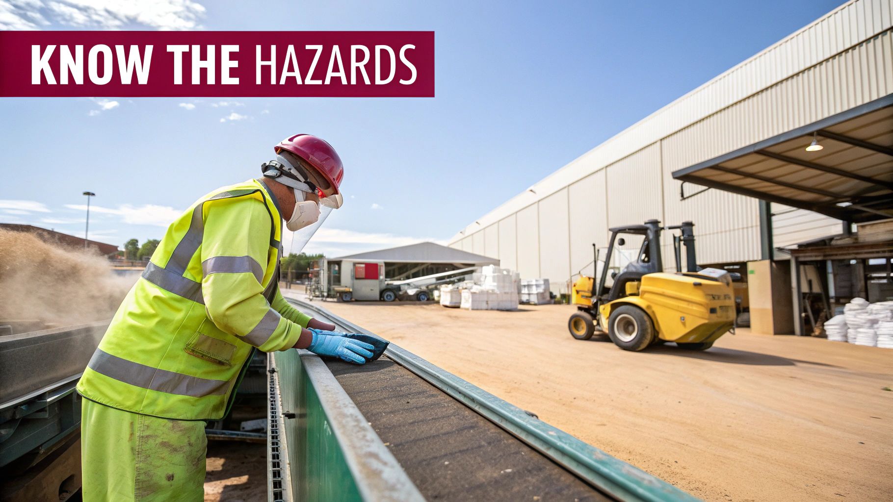 Worker in full PPE handles dust from a conveyor belt, illustrating workplace safety and hazards.