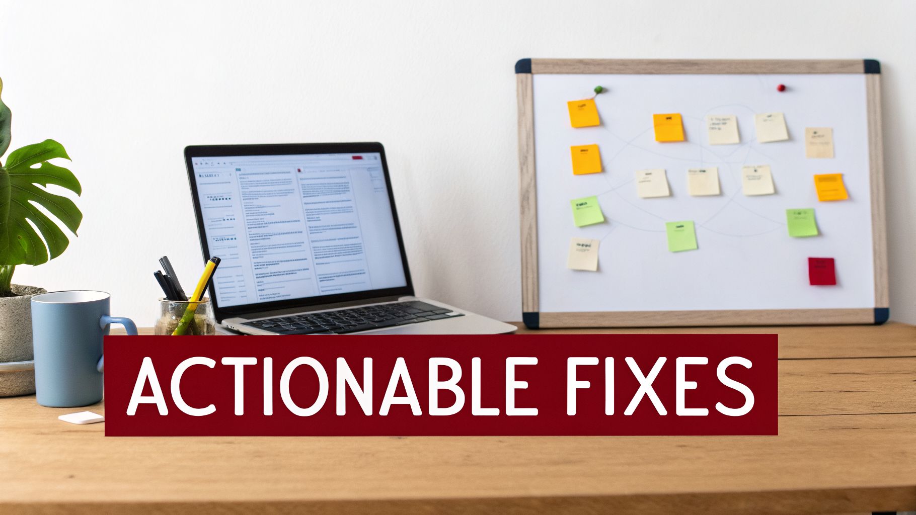 A modern workspace setup with a laptop, plant, mug, and a whiteboard with sticky notes, featuring the text 'ACTIONABLE FIXES'.