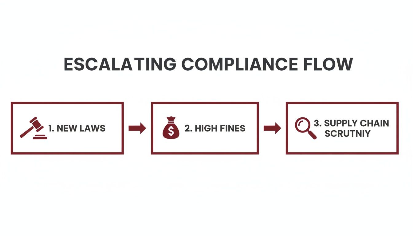 Flowchart illustrating the escalating compliance challenges from new laws to high fines and supply chain scrutiny.
