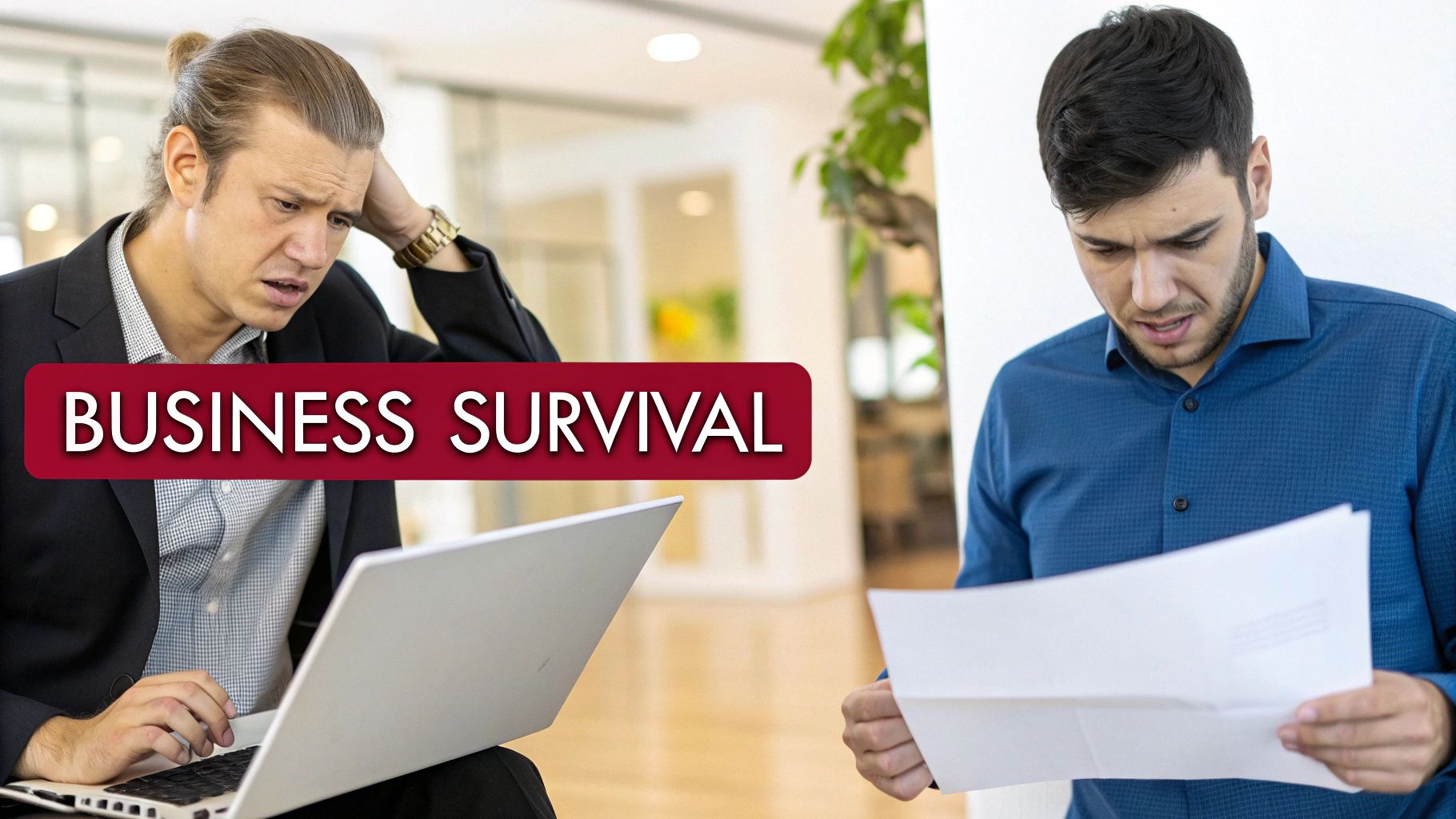 Two stressed businessmen looking at a laptop and documents, with 'BUSINESS SURVIVAL' text.