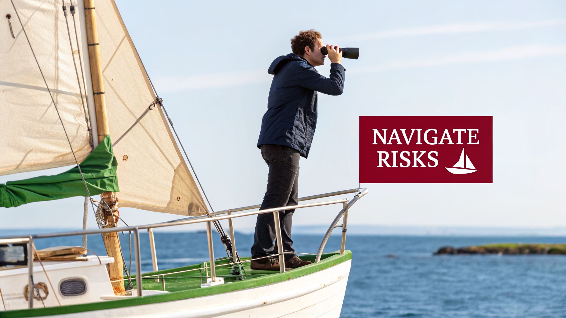 A man on a sailboat uses binoculars to scan the horizon, with the text 'NAVIGATE RISKS'.