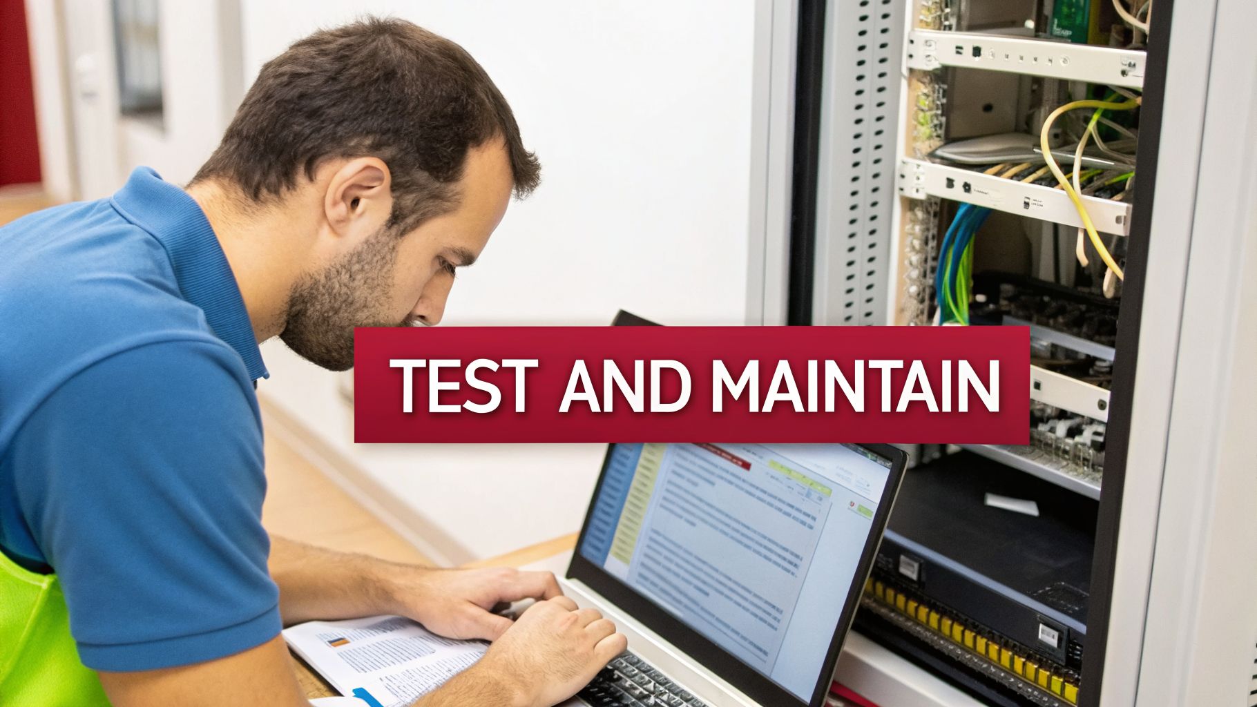 A man works on a laptop next to a server rack, with a 'TEST AND MAINTAIN' banner.