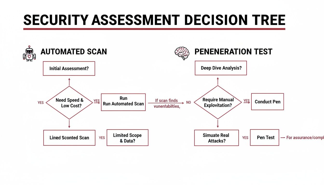 A security assessment decision tree diagram, outlining paths for automated scans and penetration tests.