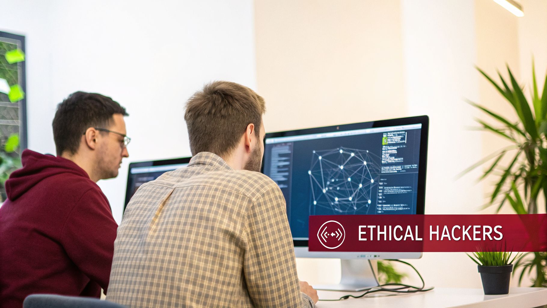 Two ethical hackers intently working on computers displaying network data in a modern office.