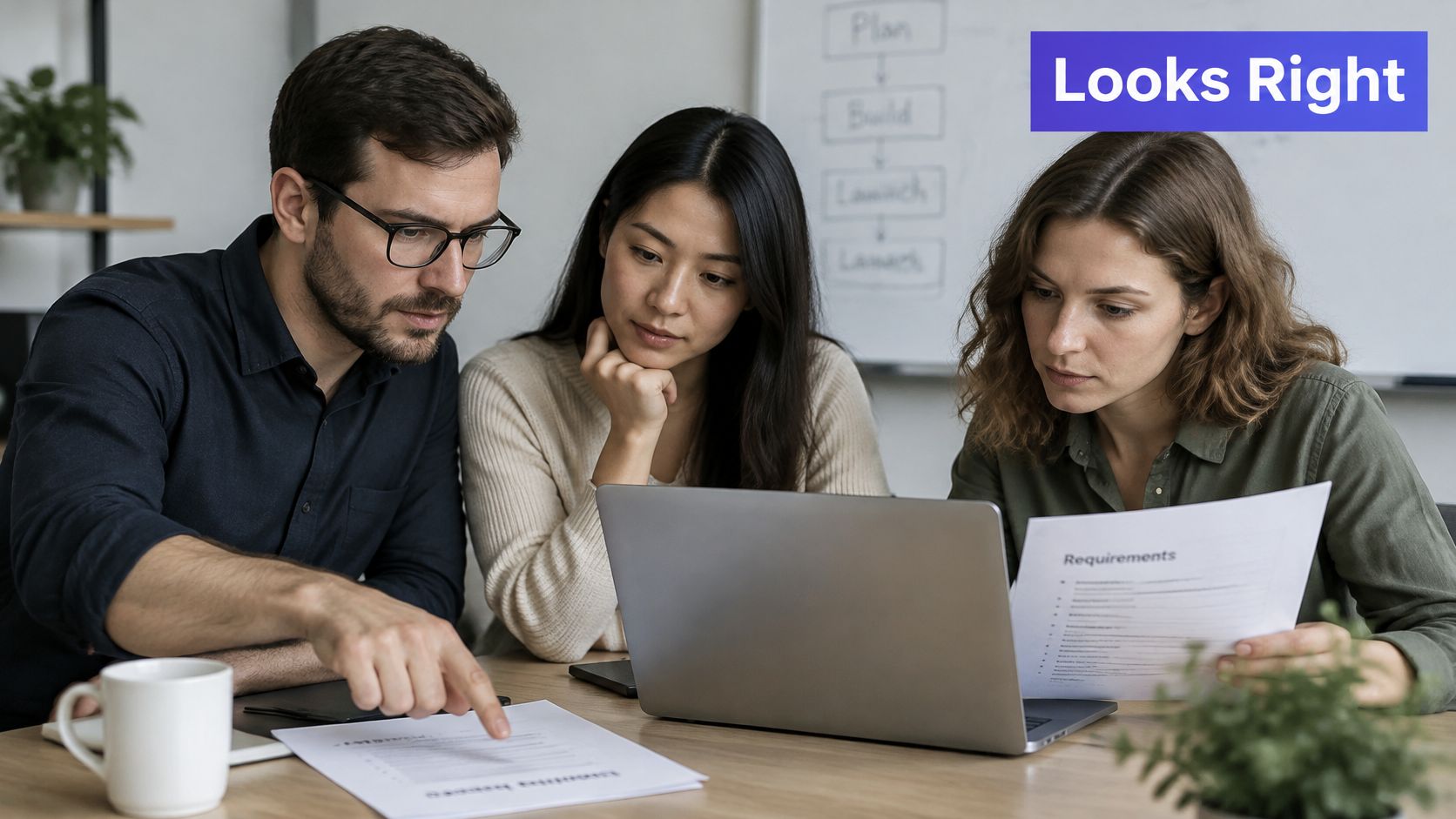A diverse team of professionals collaborating in an office while reviewing project requirements on a laptop