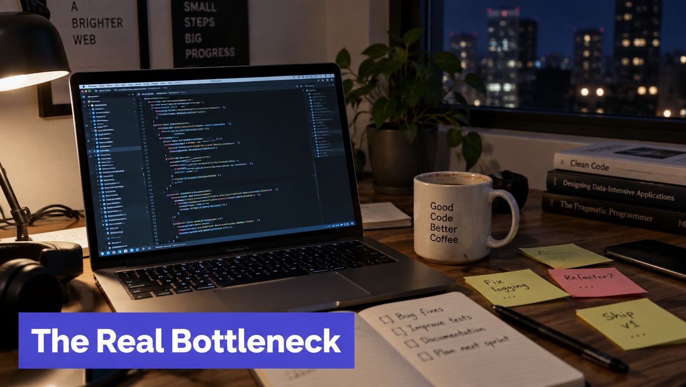 A late-night developer workspace featuring a laptop displaying code, a coffee mug, and sticky notes on a desk.