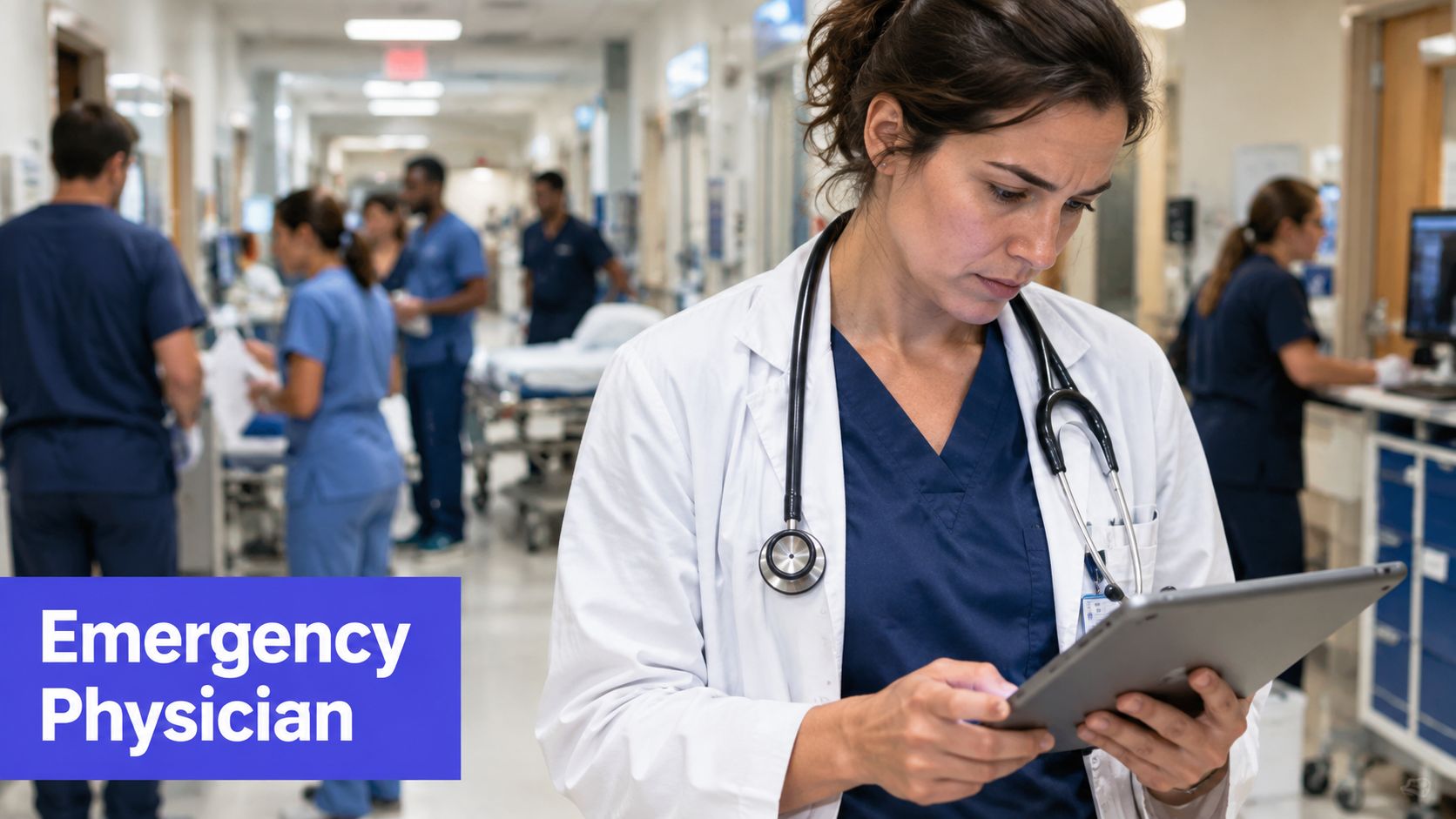 A focused emergency physician in a white coat uses a digital tablet while working in a hospital.