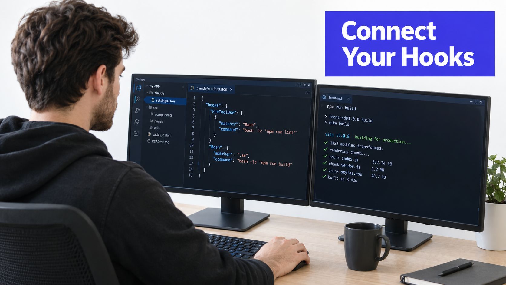 A male developer using dual monitors to configure automation hooks in a code editor for web projects.