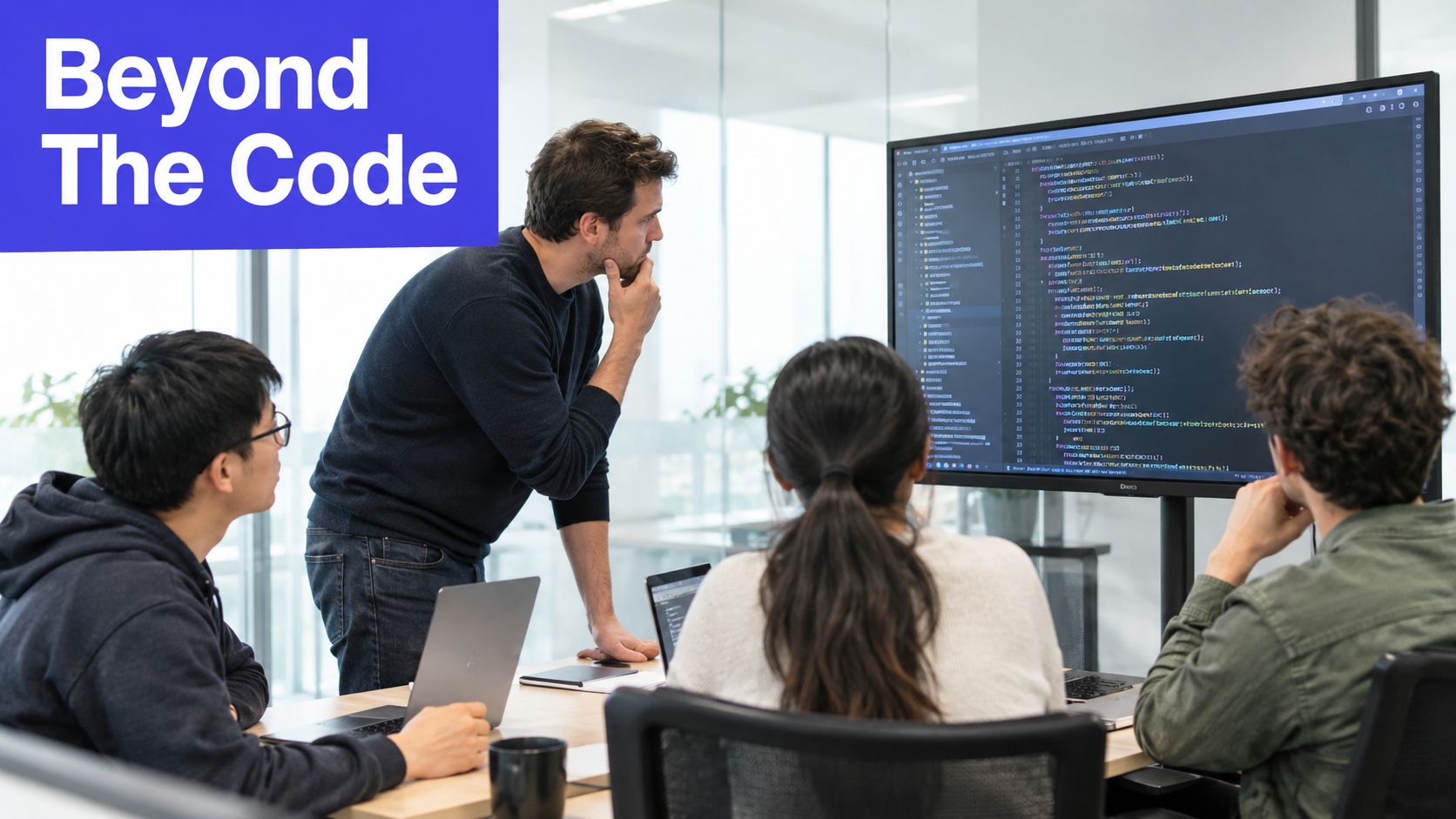 A team of software developers collaborating in an office while reviewing code on a large monitor.