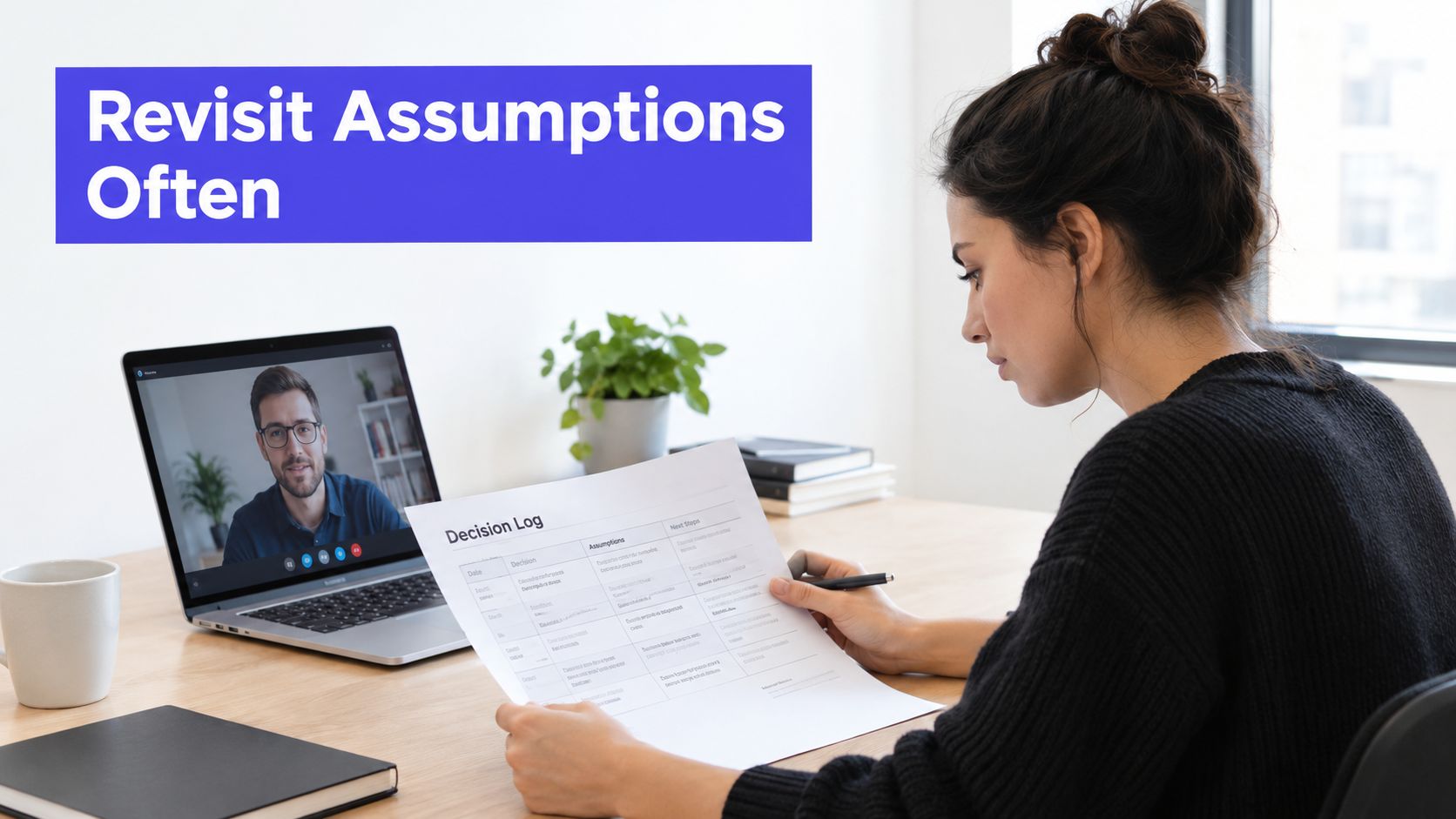 A woman working from home while participating in a video call and reviewing a project decision log.