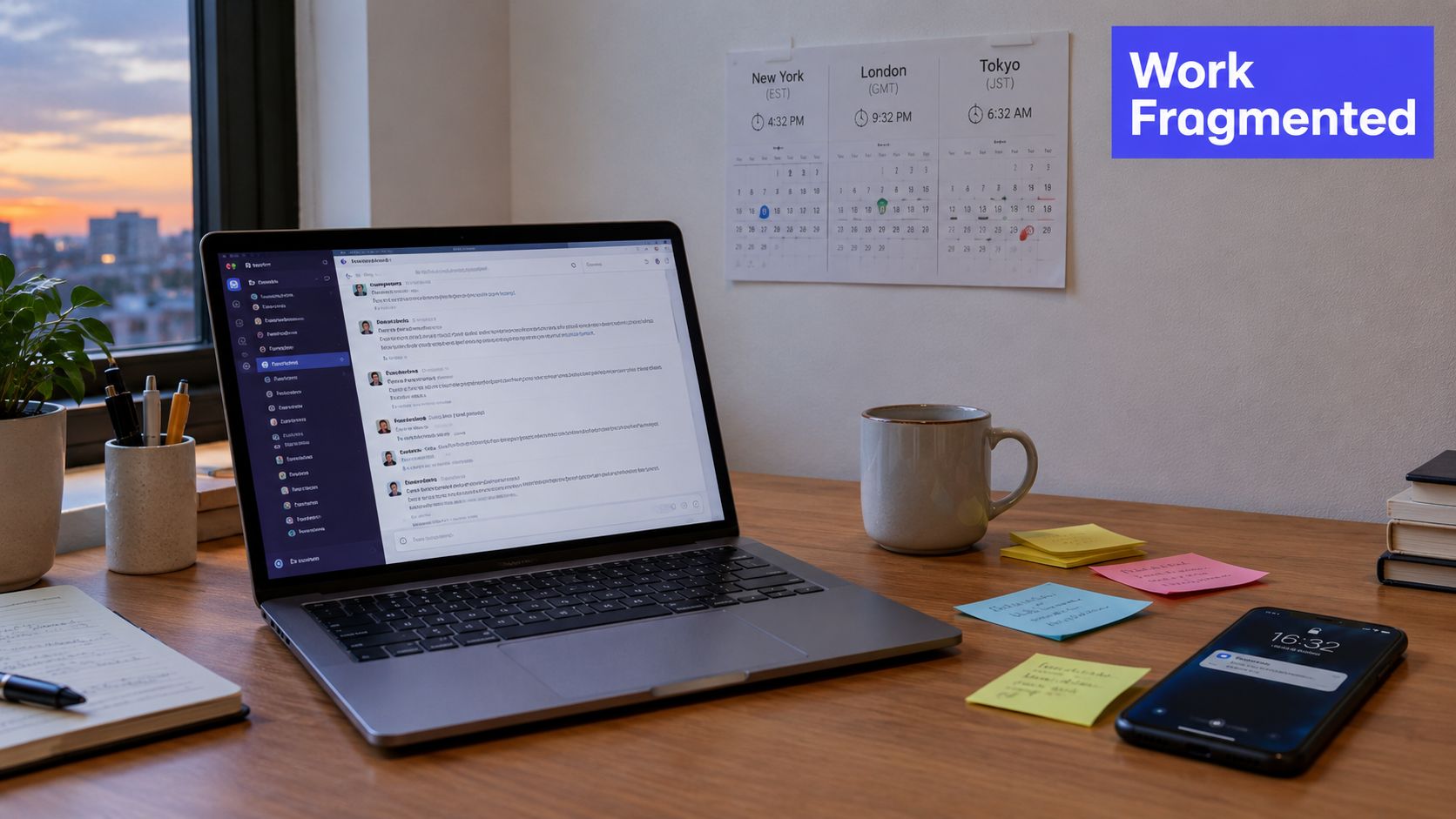 A modern desk featuring a laptop displaying a messaging app, coffee mug, phone, and office supplies.