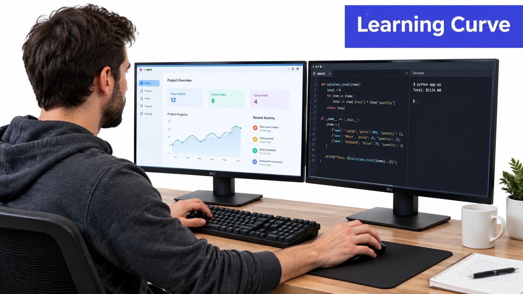 A male programmer working at a desk with two monitors displaying a project dashboard and Python code.