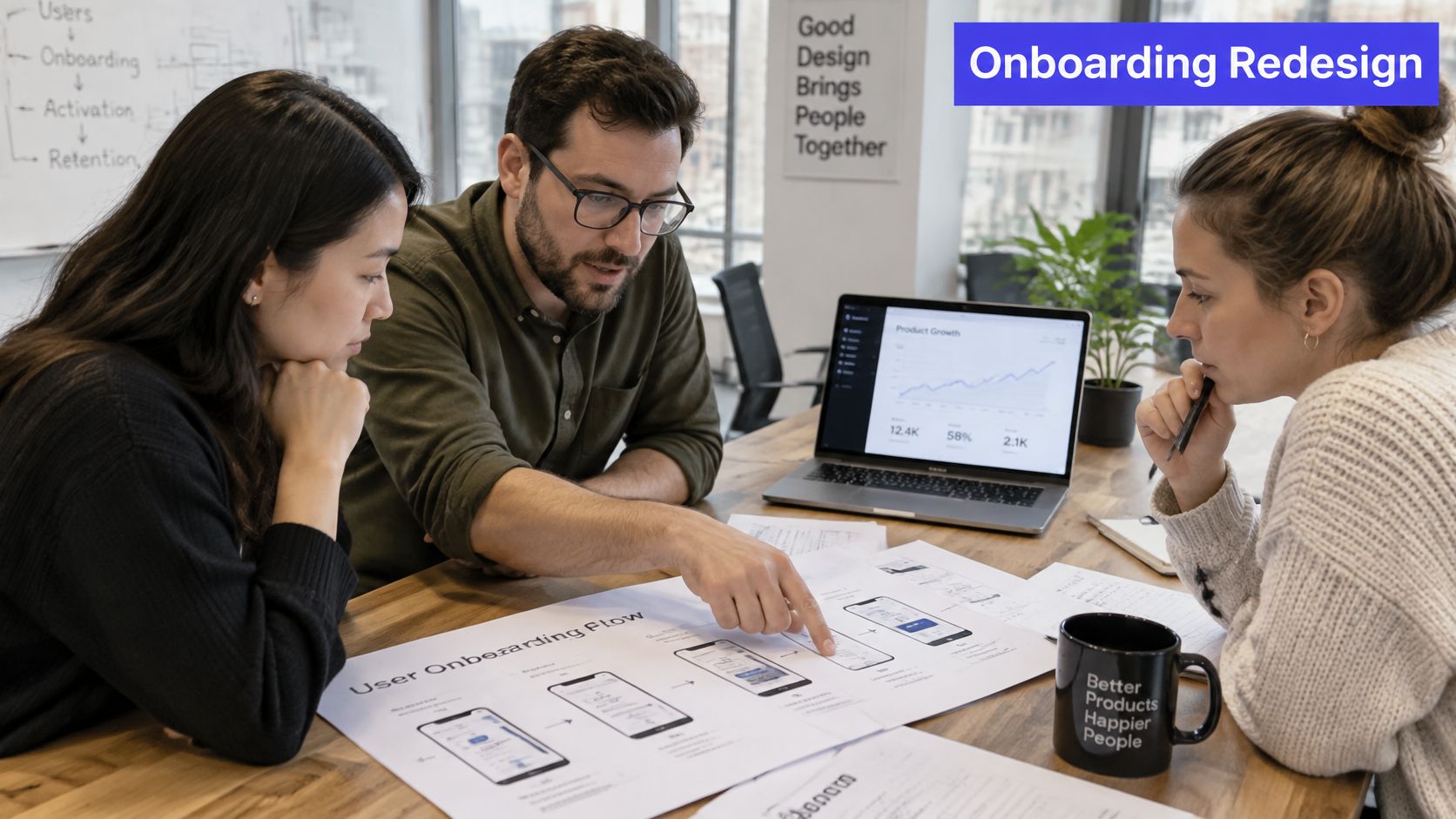 A diverse team collaborating on an onboarding redesign project at a wooden table in a bright office.