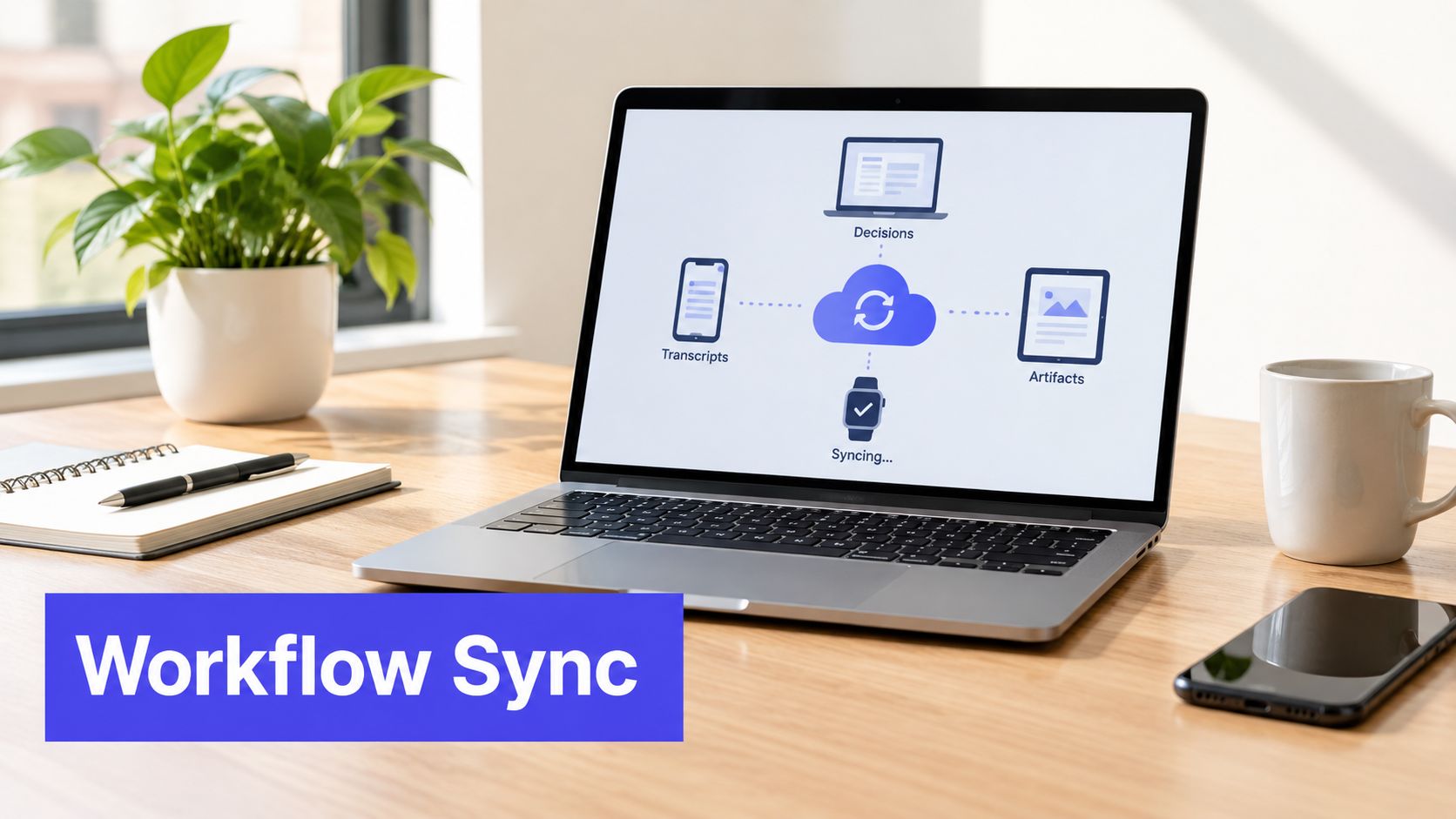 A modern laptop on a wooden desk displaying a digital diagram of synchronized workflow cloud services.