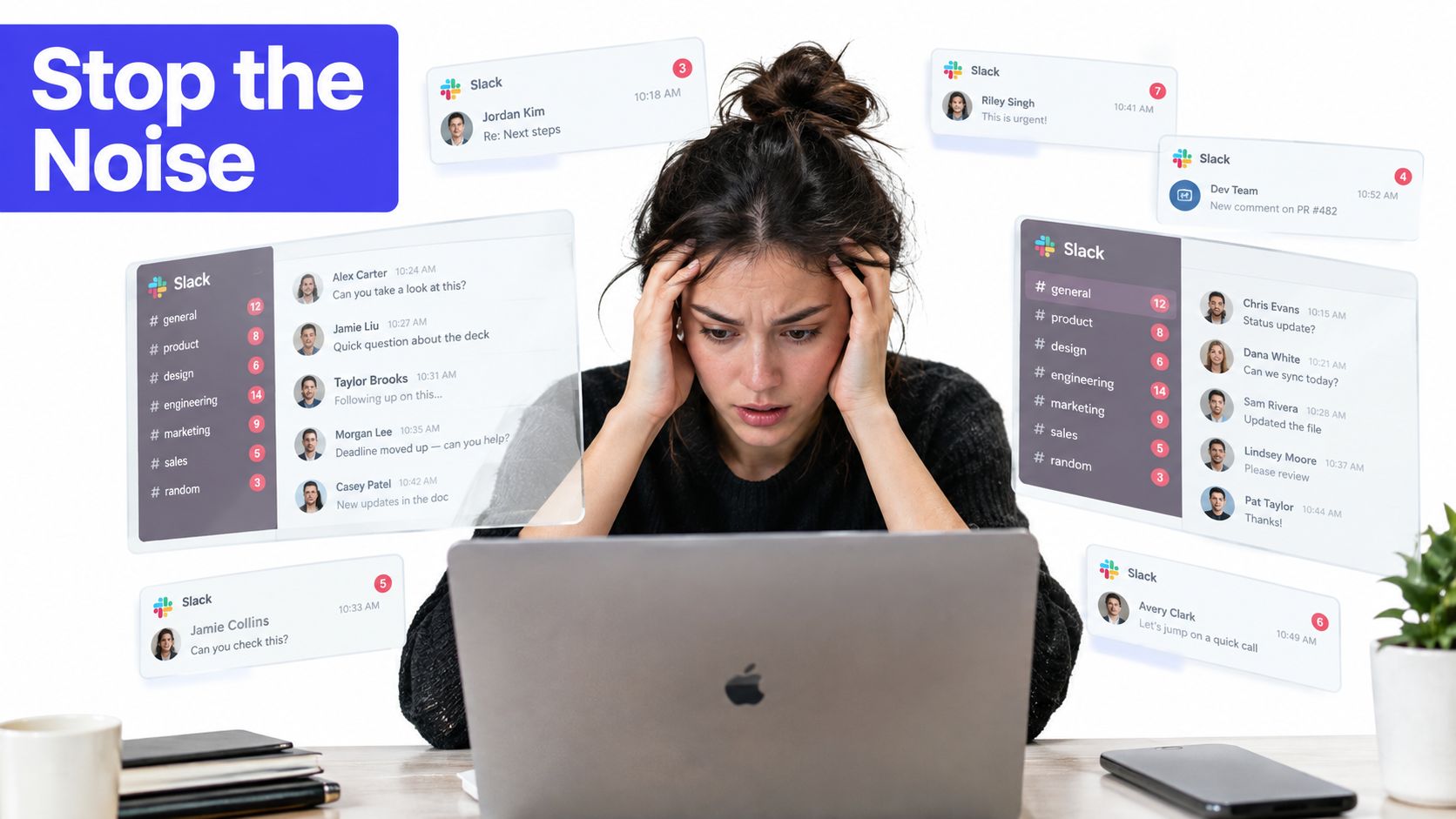 A woman looking stressed at her laptop surrounded by multiple floating Slack notification pop-up windows.