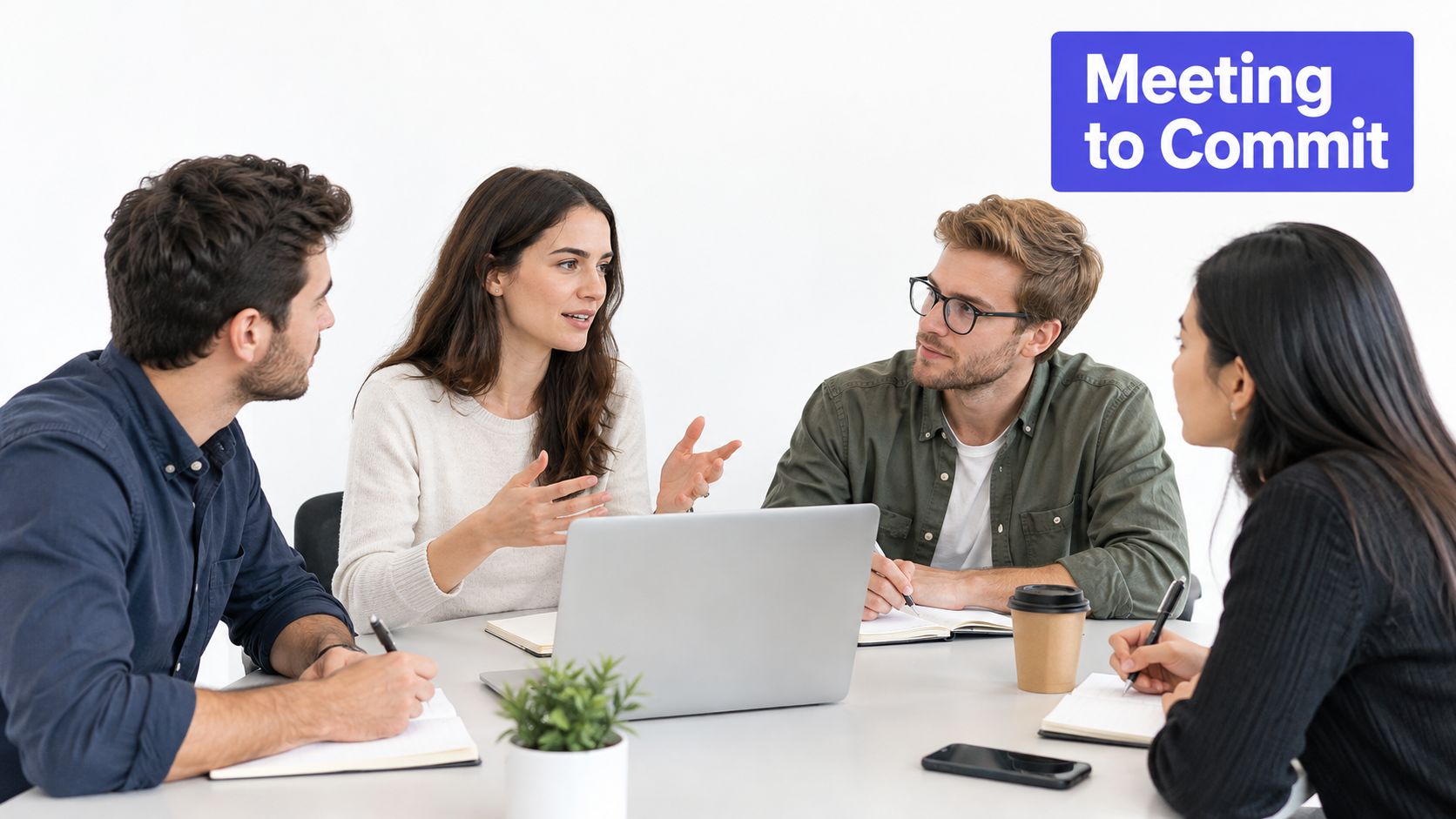 A diverse team of four professionals collaborating around a table with laptops and notebooks during a meeting.