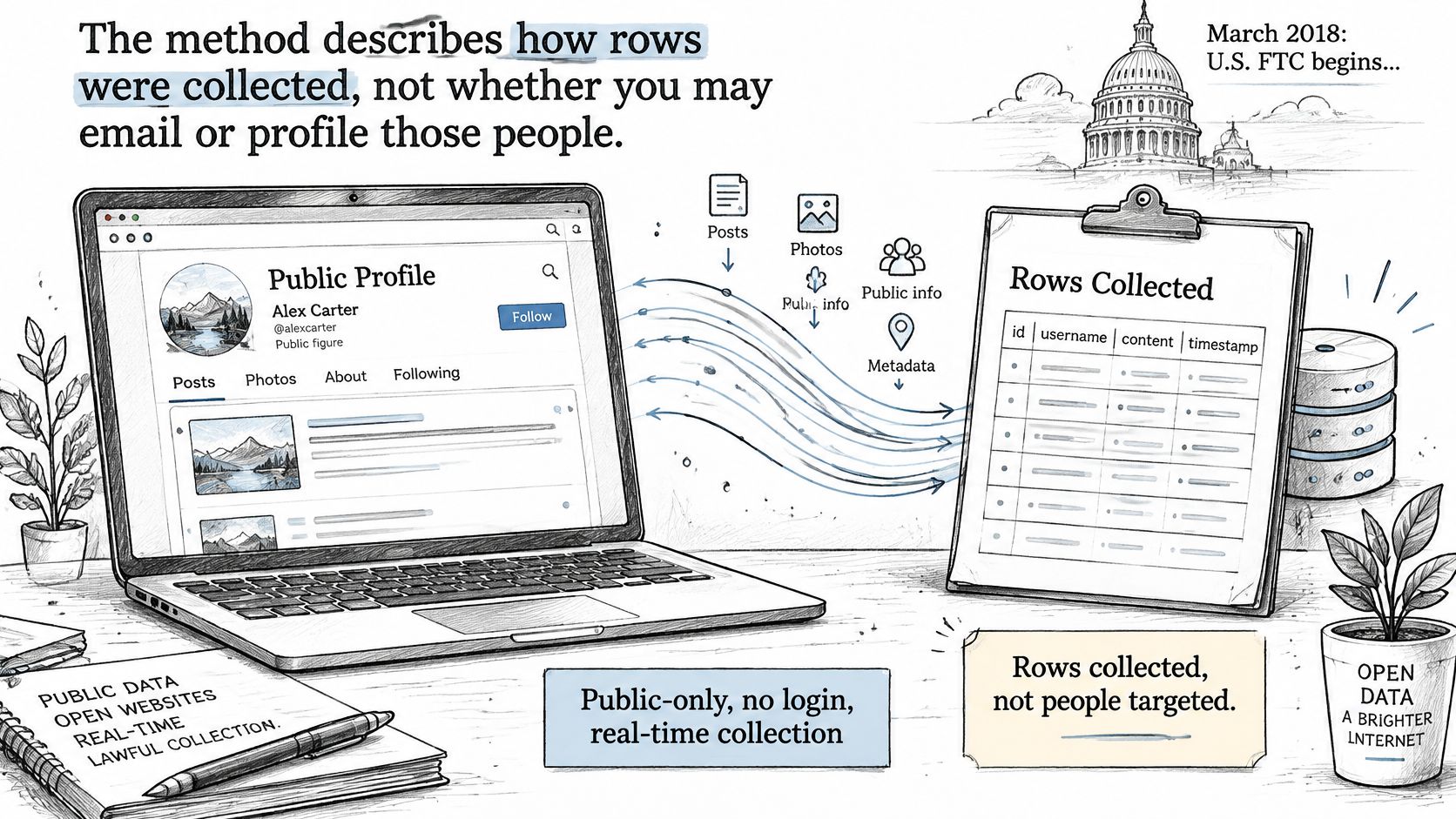 An illustration showing how public social media data is collected into a structured database without targeting individuals.