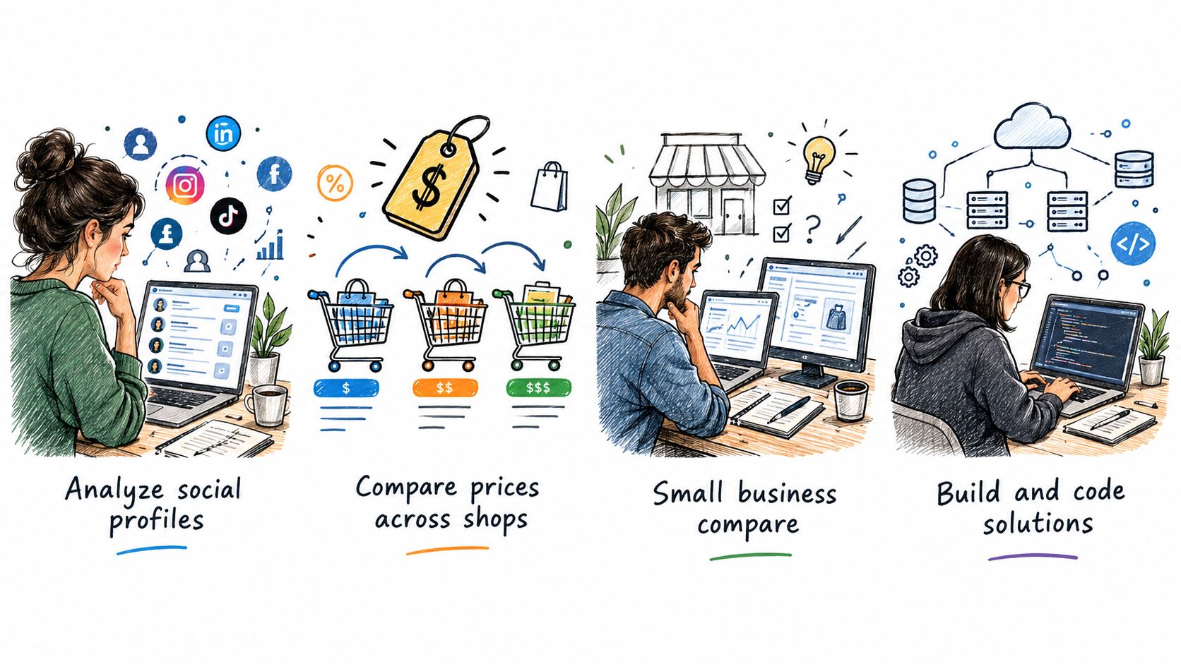 An illustration showing four panels of people using computers for social media analysis, price comparison, business insights, and coding.
