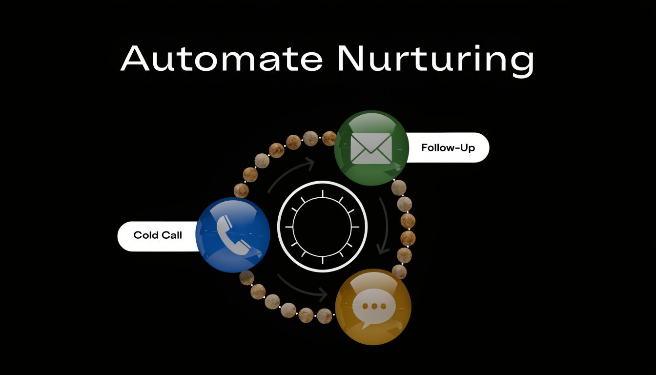 A diagram depicting the automation of lead nurturing through cold calls, email follow-ups, and messaging systems.