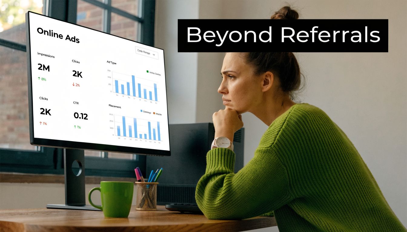 A marketing professional analyzing online advertisement performance data on a computer screen in a modern office.