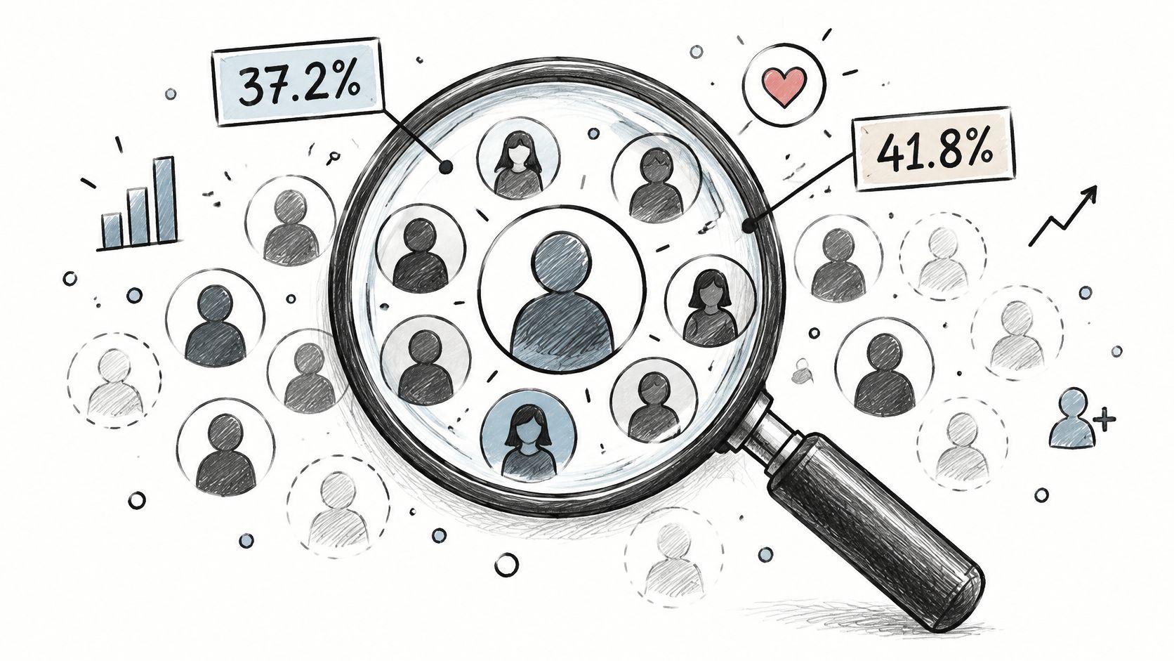 A magnifying glass focusing on a group of people icons, representing social media audience data analysis.
