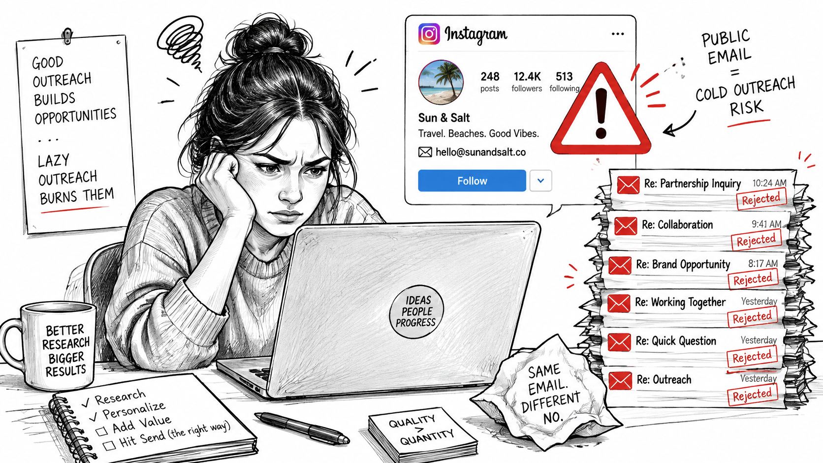 A frustrated professional at her laptop reviewing rejected email inquiries related to cold outreach marketing campaigns.