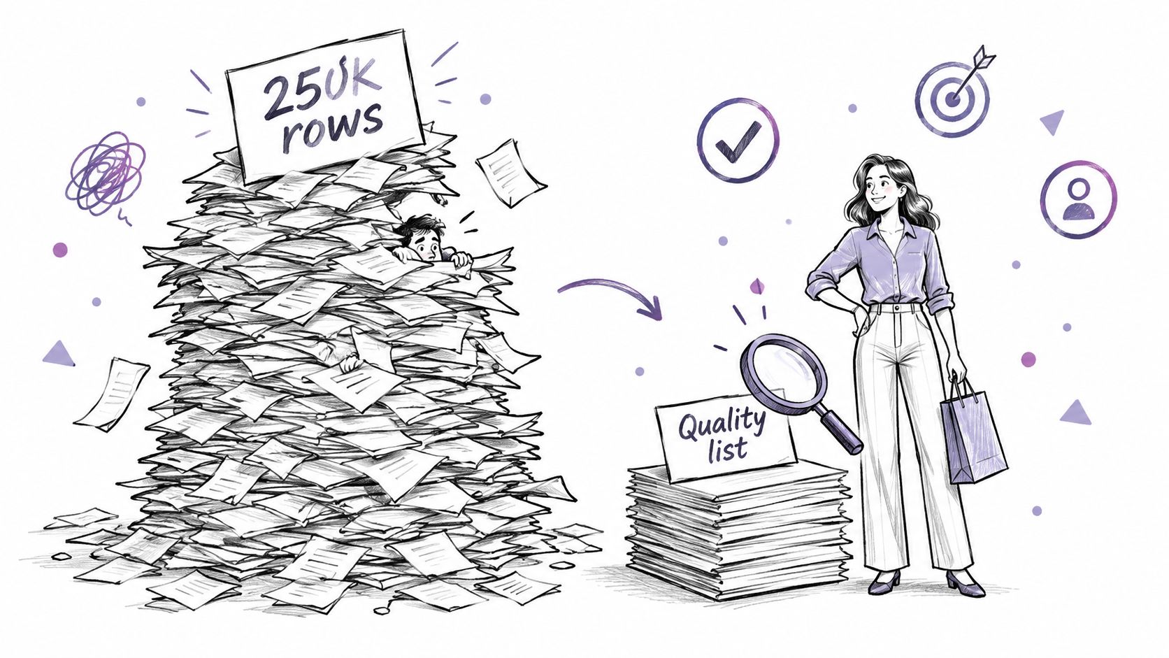 A person buried under a massive pile of papers transforming into a curated quality list.