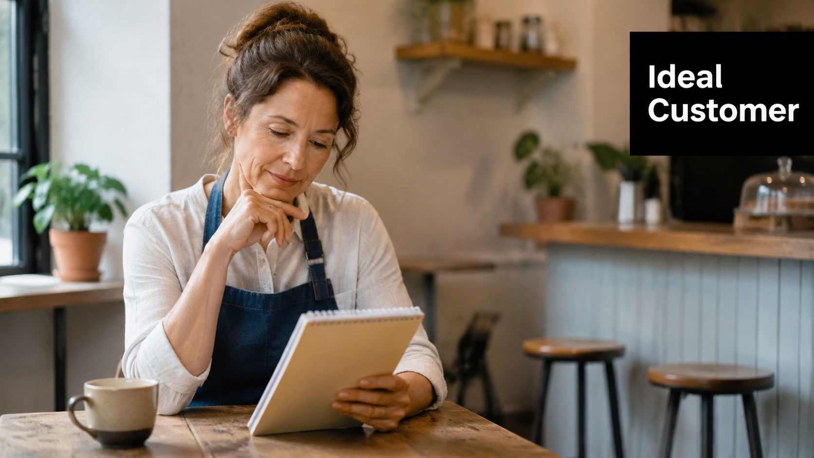 A woman wearing an apron sits at a cafe table while thoughtfully reviewing a notepad.