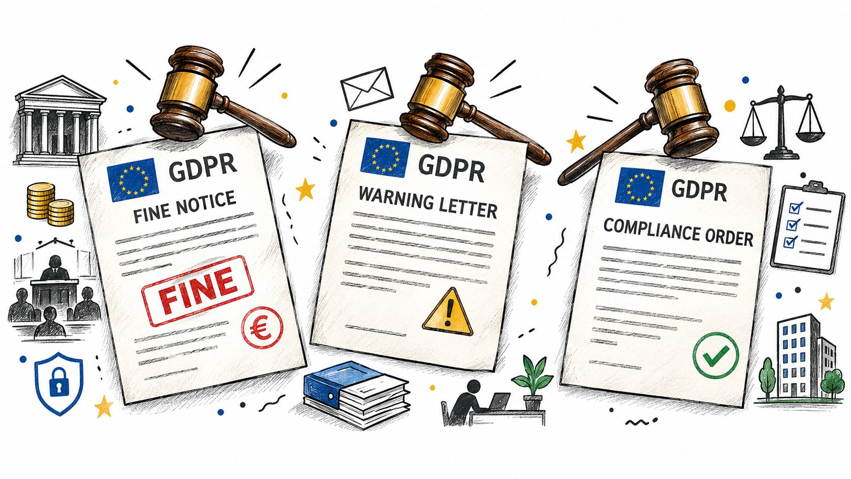 Three GDPR documents labeled Fine Notice, Warning Letter, and Compliance Order, depicted with gavels and legal symbols.