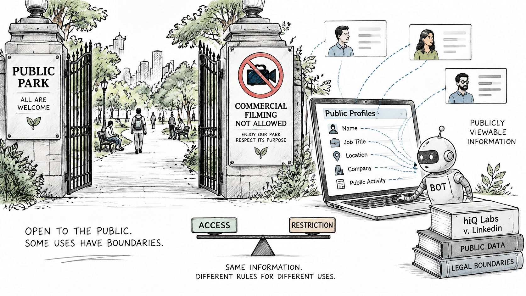 A conceptual illustration comparing public park access to data scraping, highlighting legal boundaries for public information usage.