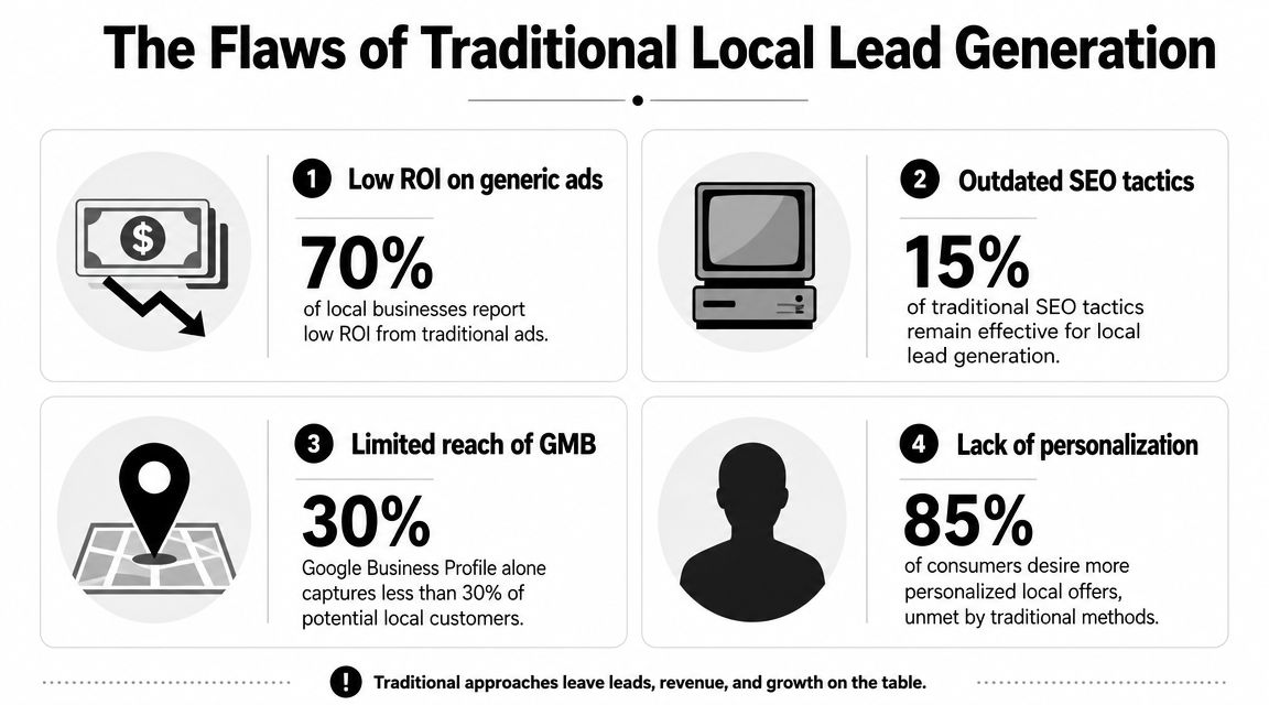 An infographic detailing four main flaws in traditional local lead generation strategies for small businesses.