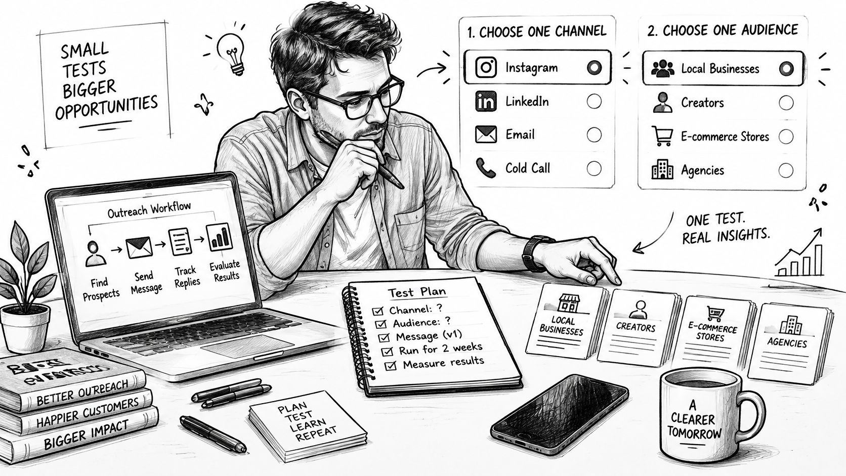 A professional man planning a targeted outreach strategy with marketing steps and audience segments at a desk.