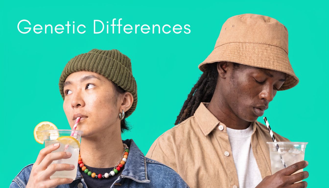 A young Asian person and a Black person drinking beverages against a vibrant teal background.