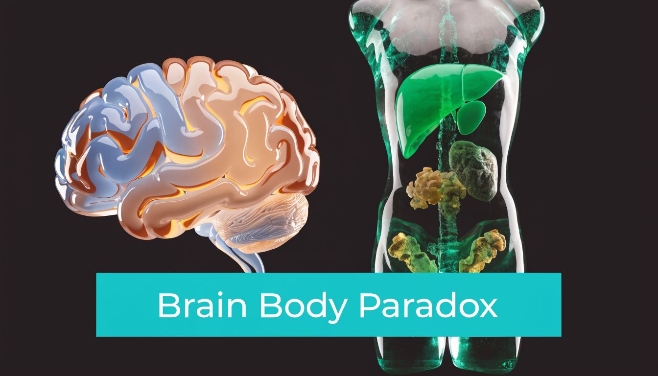 A conceptual illustration showing a brain next to a translucent human body silhouette labeled Brain Body Paradox.